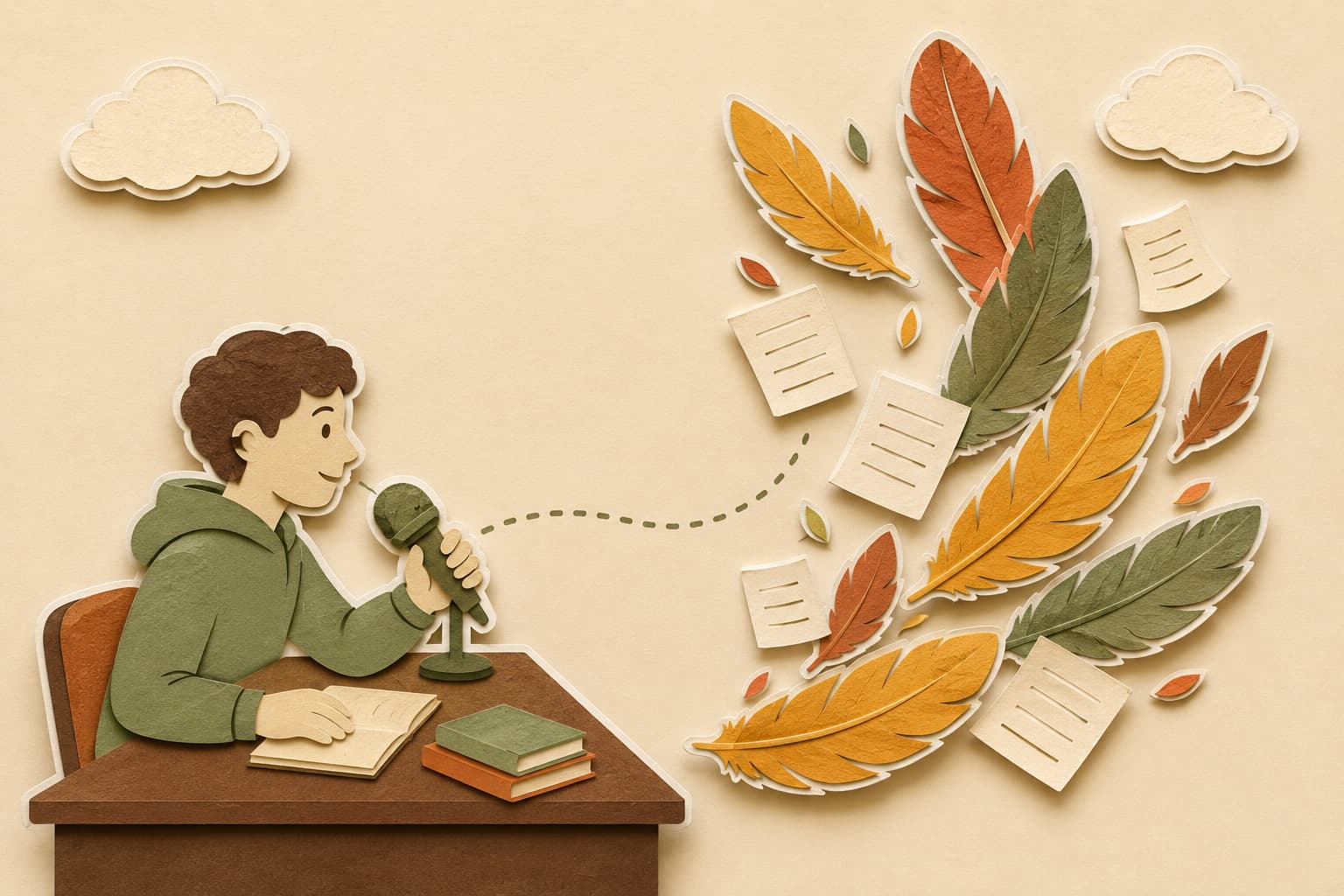 A cozy paper desk; lecture audio lifts into a cascade of paper feathers.